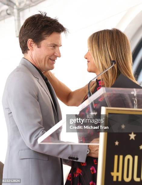 Jason Bateman and Jennifer Aniston attend the ceremony honoring Jason Bateman with a Star on The Hollywood Walk of Fame held on July 26, 2017 in...