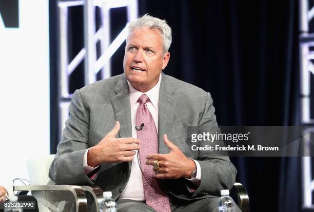 Former NFL coach & ESPN analyst Rex Ryan of 'ESPN's Sunday's NFL Countdown' speaks onstage during the ESPN portion of the 2017 Summer Television...