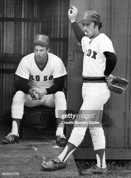 Boston Red Sox Rick Burleson, left, and Jerry Remy, right, take a break during spring training at Winter Haven, Fl., March 9, 1978.