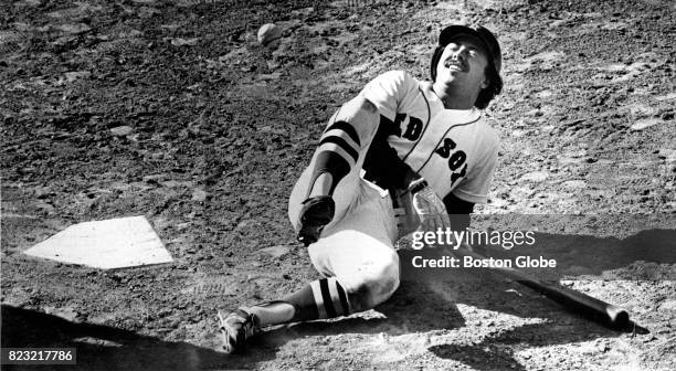 Red Sox Jerry Remy grimaces after fouling a ball off his foot during a game against the Kansas City Royals at Fenway Park in Boston, May 10, 1980.