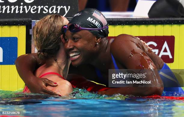 Simone Manuel of United States celebrates as her team wins the Mixed 4 x 100m Medely Relay during day thirteen of the FINA World Championships at the...