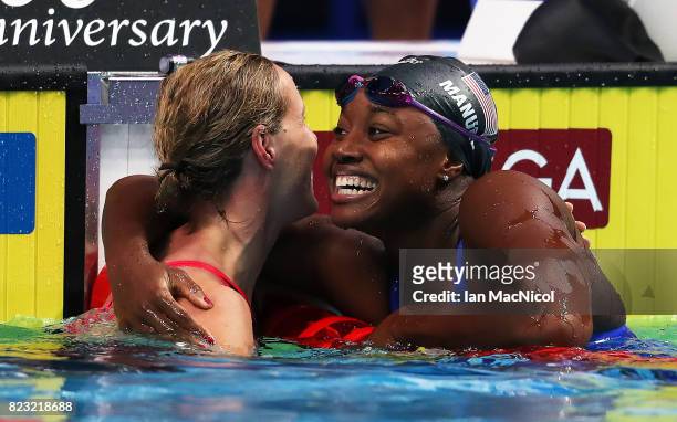 Simone Manuel of United States celebrates as her team wins the Mixed 4 x 100m Medely Relay during day thirteen of the FINA World Championships at the...
