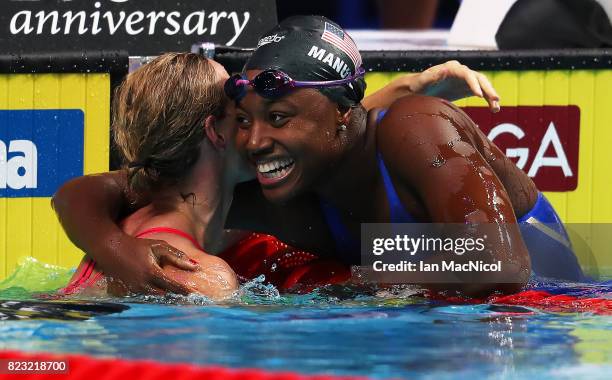 Simone Manuel of United States celebrates as her team wins the Mixed 4 x 100m Medely Relay during day thirteen of the FINA World Championships at the...