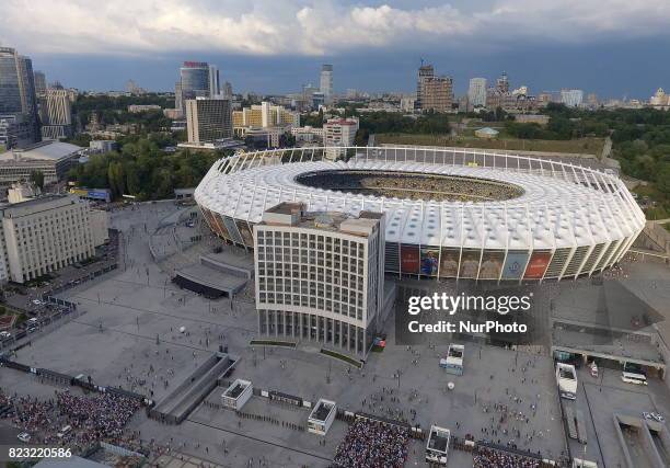 On this aerial photo, the view of the Olympic National Stadium before the match of the third qualifying round of the Champions League between the...