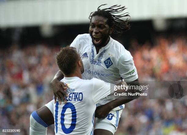 Dieumerci Mbokani Dynamo Kiev's celebrates the goal scored during the match of the third qualifying round of the Champions League between the teams...