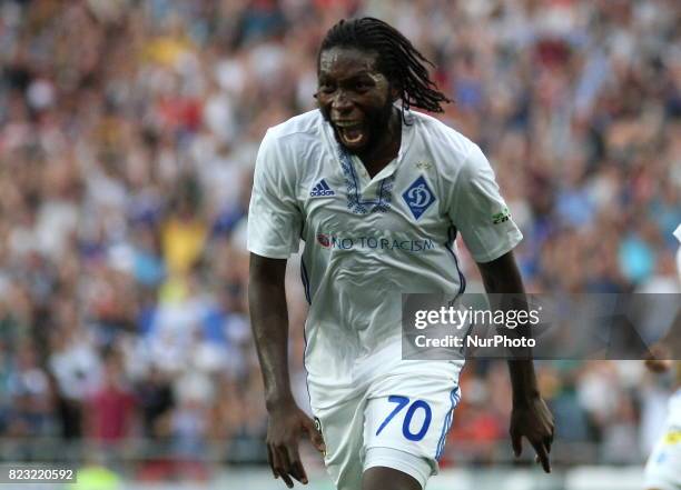 Dieumerci Mbokani Dynamo Kiev's celebrates the goal scored during the match of the third qualifying round of the Champions League between the teams...