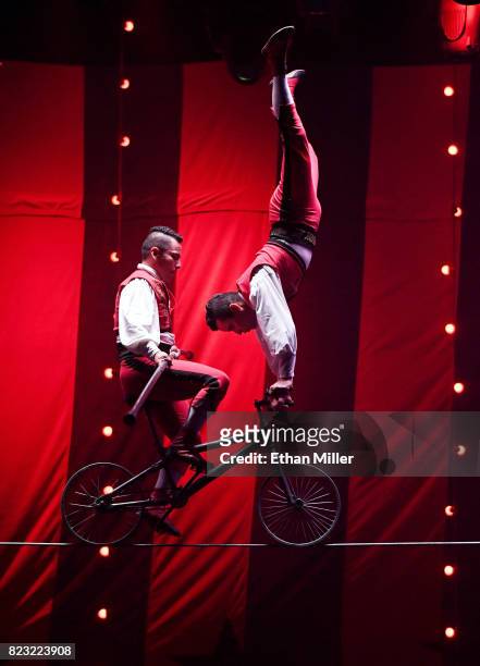 Members of Los Lopez perform a highwire act during the opening night of "CIRCUS 1903" at Paris Las Vegas on July 25, 2017 in Las Vegas, Nevada.
