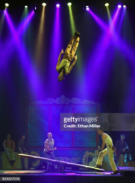 The Flying Finns perform with a teeterboard during the opening night of "CIRCUS 1903" at Paris Las Vegas on July 25, 2017 in Las Vegas, Nevada.