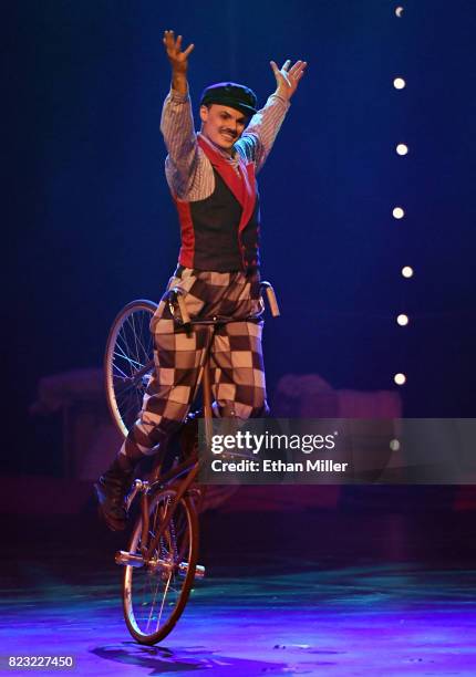 Florian "The Cycling Cyclone" Blummel performs during the opening night of "CIRCUS 1903" at Paris Las Vegas on July 25, 2017 in Las Vegas, Nevada.