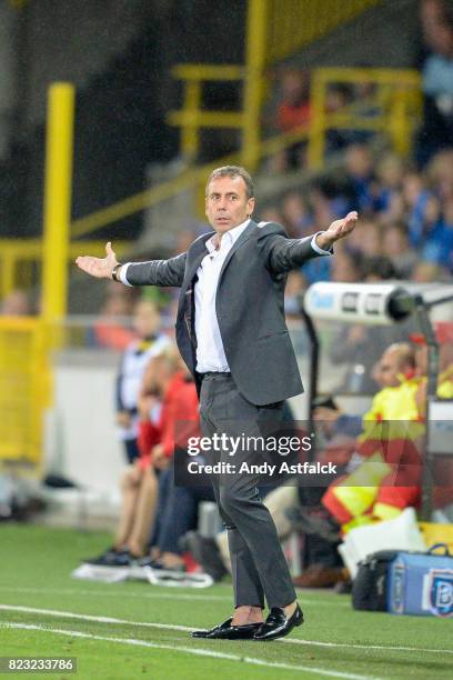 Abdullah Avci Head Coach from Istanbul Basaksehirin reacts to the referees decision during the Champions League Third Round Qualifier First Leg match...