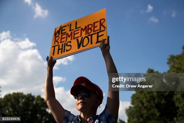 Protestors rally against the GOP health care plan, on Capitol Hill, July 26, 2017 in Washington, DC. GOP efforts to pass legislation to repeal and...