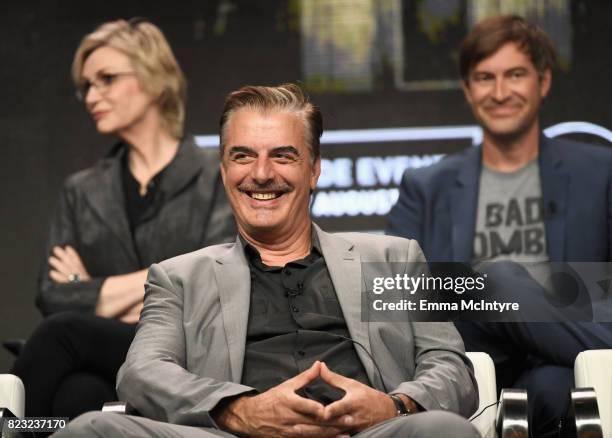 Actors Jane Lynch, Chris Noth and Mark Duplass at the Manhunt: Unabomber panel for the 'Discovery Channel - Discovery' portion of the TCA Summer...