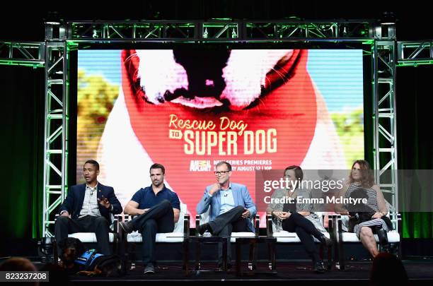 Rescue dog owner, Kalani Creutzburg, with rescue dog Bas, dog trainer Nate Schoemer, Executive producer Keith Hoffman, dog trainer, Laura London,...