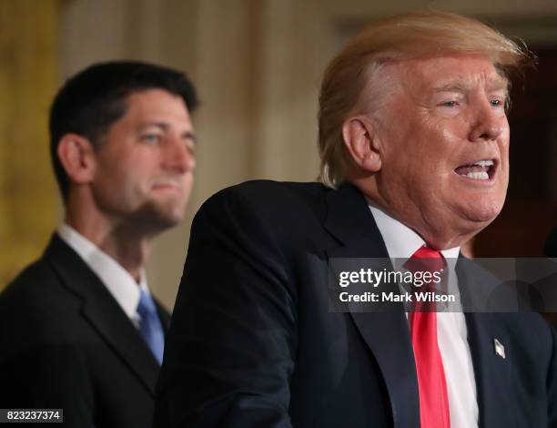 President Donald Trump holds a news conference in the East Room of the White House July 26, 2017 in Washington, DC. The president was touting a...