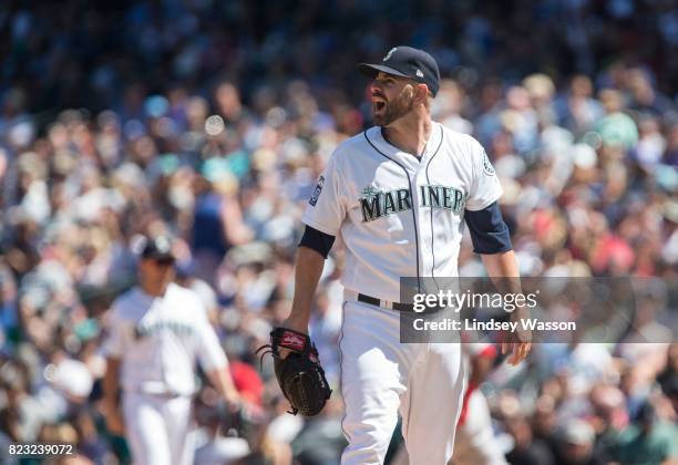 Marc Rzepczynski of the Seattle Mariners reacts after deflecting a hit by Rafael Devers of the Boston Red Sox in the seventh inning at Safeco Field...