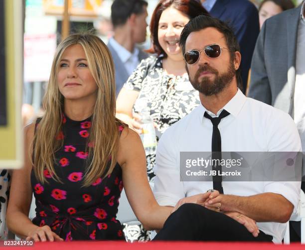 Jennifer Aniston and Justin Theroux attend the ceremony honoring Jason Bateman with Star On The Hollywood Walk Of Fame on July 25, 2017 in Hollywood,...