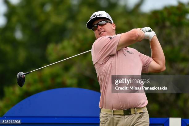 Charley Hoffman hits a tee shot on the seventeenth during the championship pro-am of the RBC Canadian Open at Glen Abbey Golf Course on July 26, 2017...