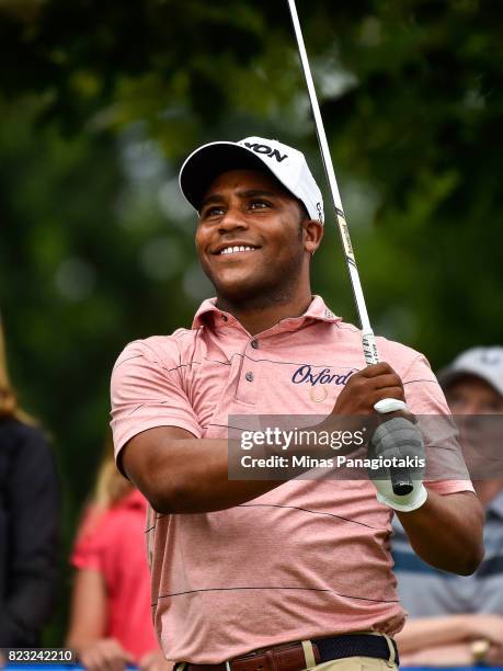 Harold Varner III hits a tee shot on the seventh hole during the championship pro-am of the RBC Canadian Open at Glen Abbey Golf Course on July 26,...