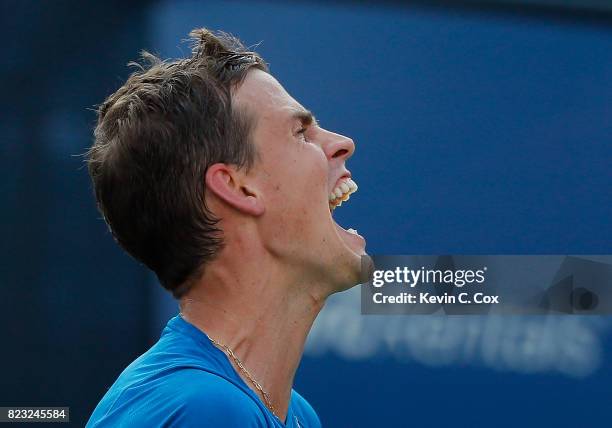 Vasek Pospisil of Canada reacts in the match against John Isner during the BB&T Atlanta Open at Atlantic Station on July 26, 2017 in Atlanta, Georgia.