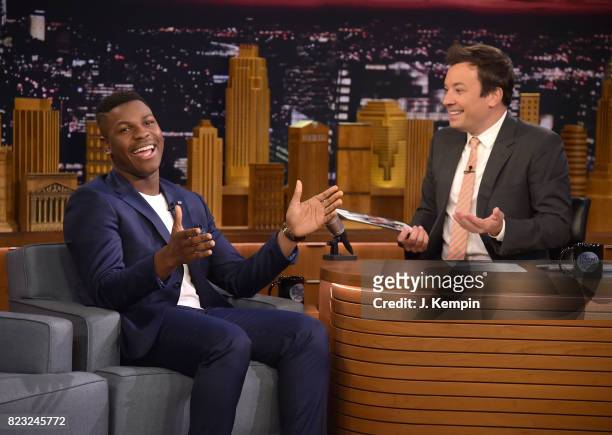 Actor John Boyega and host Jimmy Fallon visit "The Tonight Show Starring Jimmy Fallon" at Rockefeller Center on July 26, 2017 in New York City.