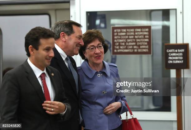 Sens. Brian Schatz , Joe Donnelly and Susan Collins walk to the U.S. Capitol on July 26, 2017 in Washington, DC. Sen. Collins is one of the...