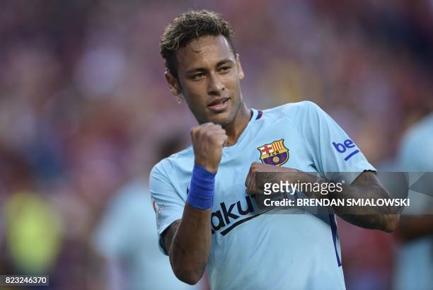 Neymar of Barcelona gestures after scoring during their International Champions Cup football match against Manchester United on July 26, 2017 at the...