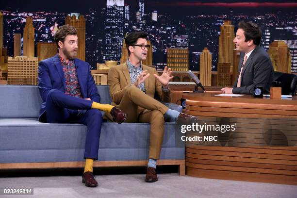 Episode 0712 -- Pictured: Rhett James McLaughlin and Charles Lincoln "Link" Neal III of Rhett & Link during an interview with host Jimmy Fallon on...