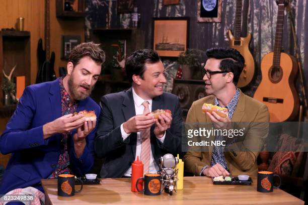 Episode 0712 -- Pictured: Rhett James McLaughlin and Charles Lincoln "Link" Neal III of Rhett & Link with Host Jimmy Fallon during "Will It Hot Dog"...