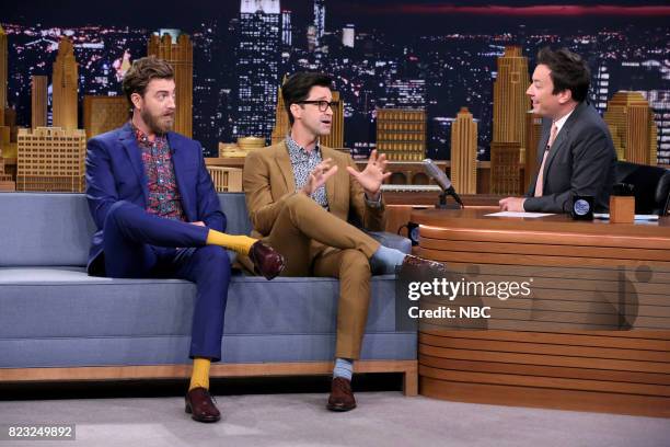 Episode 0712 -- Pictured: Rhett James McLaughlin and Charles Lincoln "Link" Neal III of Rhett & Link during an interview with host Jimmy Fallon on...