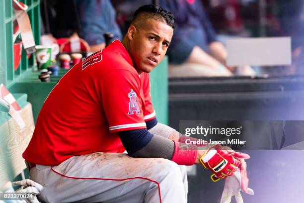 Yunel Escobar of the Los Angeles Angels of Anaheim reacts after striking out during the third inning against the Cleveland Indians at Progressive...