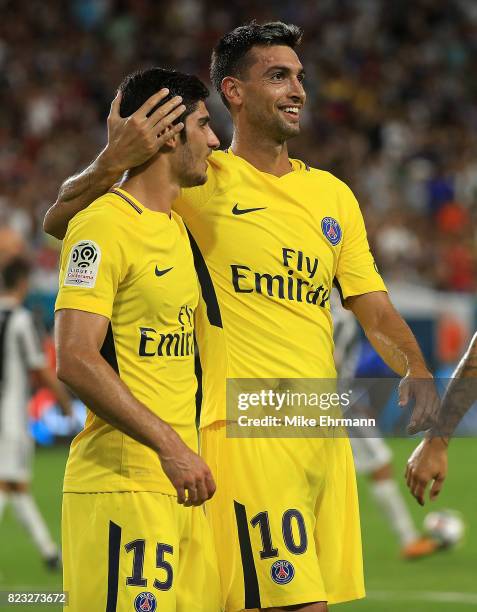 Javier Pastore of Paris Saint-Germain celebrates a goal during the International Champions Cup 2017 match against the Juventus at Hard Rock Stadium...