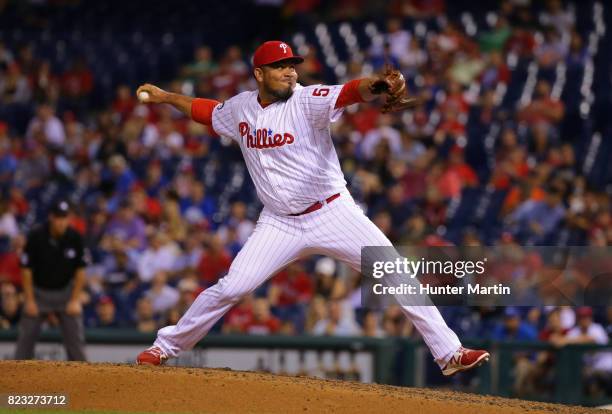 Joaquin Benoit of the Philadelphia Phillies throws a pitch in the eighth inning during a game against the Houston Astros at Citizens Bank Park on...