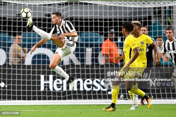 Mattia De Sciglio in action during the International Champions Cup 2017 match between Juventus and Paris Saint Germain at Hard Rock Stadium on July...