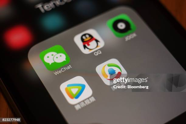 The icons for Tencent Holdings Ltd. Applications WeChat, clockwise from top left, QQ, JOOX, Tencent News and Tencent Video are arranged for a...