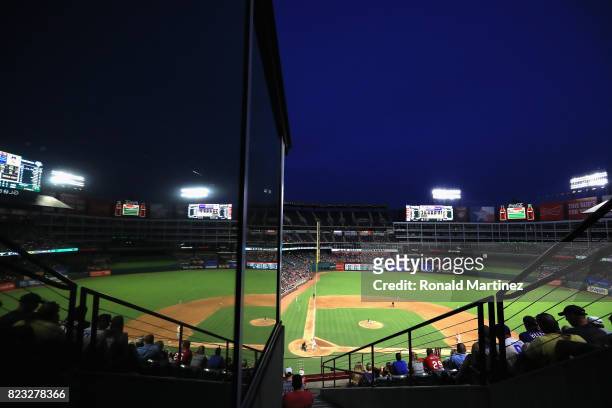 General view of play between the Miami Marlins and the Texas Rangers at Globe Life Park in Arlington on July 26, 2017 in Arlington, Texas.