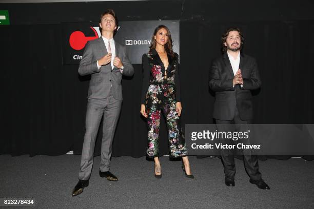 Actor Ansel Elgort, actress Eiza Gonzalez and Film director Edgar Wright attend the "Baby Driver" Mexico City premier at Cinemex Antara Polanco on...
