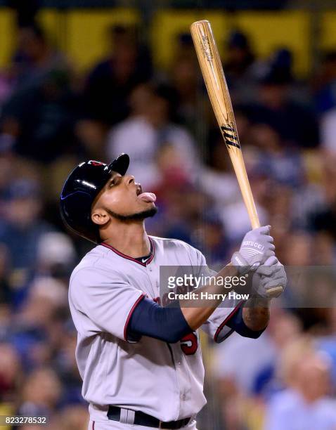 Ervin Santana of the Minnesota Twins reacts to his strikeout during the seventh inning against the Los Angeles Dodgers at Dodger Stadium on July 26,...