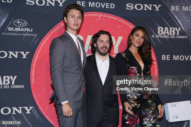 Actor Ansel Elgort, film director Edgar Wright and actress Eiza Gonzalez attend the "Baby Driver" Mexico City premier at Cinemex Antara Polanco on...