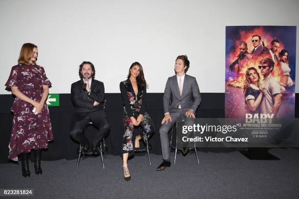 Linda Cruz, film director Edgar Wright, actress Eiza Gonzalez and actor Ansel Elgort attend the "Baby Driver" Mexico City premier at Cinemex Antara...