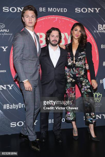 Actor Ansel Elgort, film director Edgar Wright and actress Eiza Gonzalez attend the "Baby Driver" Mexico City premier at Cinemex Antara Polanco on...