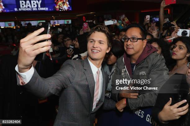 Actor Ansel Elgort signs autographs and takes selfies with fans during the "Baby Driver" Mexico City premier at Cinemex Antara Polanco on July 26,...