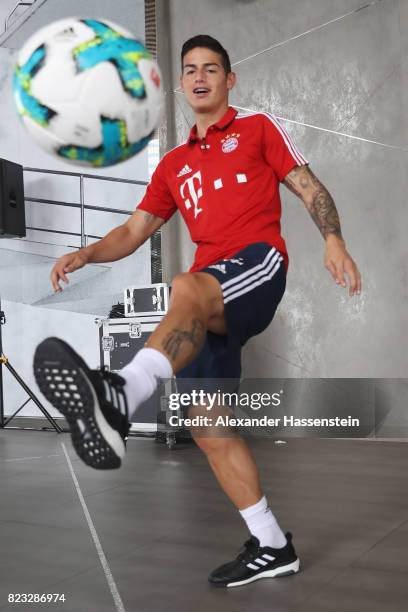 James Rodriguez of FC Bayern Muenchen performes football skills at JW Marriott Singapore South Beach Hotel during the Audi Summer Tour 2017 on July...