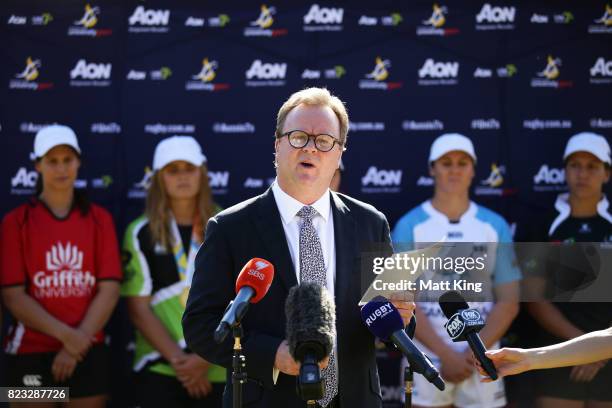 Bill Pulver speaks during the AON Women's University Sevens Launch at Macquarie Uni on July 27, 2017 in Sydney, Australia.