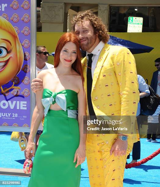 Actor T.J. Miller and wife Kate Gorney attend the premiere of "The Emoji Movie" at Regency Village Theatre on July 23, 2017 in Westwood, California.