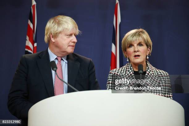 British Foreign Secretary, Boris Johnson and Australian Foreign Minister, Julie Bishop attend a press conference on July 27, 2017 in Sydney,...