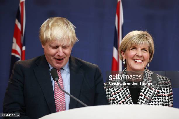 British Foreign Secretary, Boris Johnson and Australian Foreign Minister, Julie Bishop attend a press conference on July 27, 2017 in Sydney,...