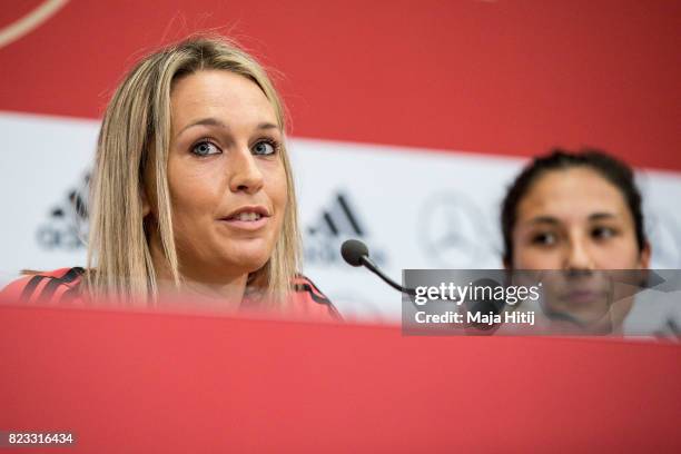 Lena Goessling speaks next to Sara Doorsoun during Germany Press Conference on July 26, 2017 in 's-Hertogenbosch, Netherlands.