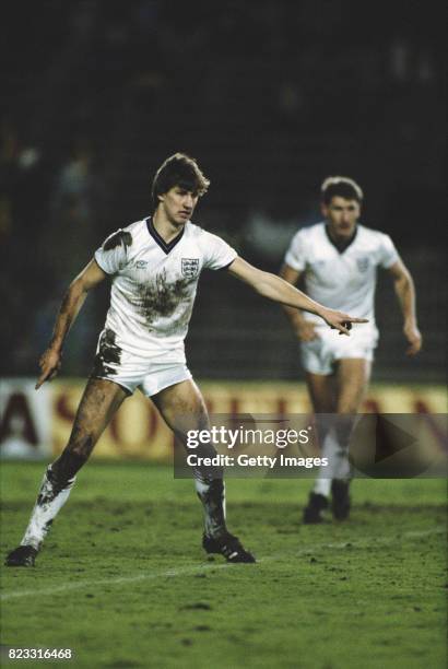 England central defenders Tony Adams and Terry Butcher in action during an International friendly match against Spain on February 18, 1987 in Madrid,...