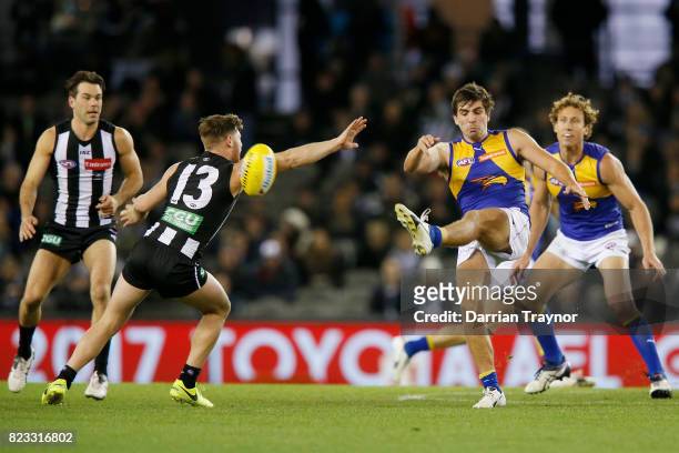 Andrew Gaff of the Eagles kicks the ball during the round 18 AFL match between the Collingwood Magpies and the West Coast Eagles at Etihad Stadium on...