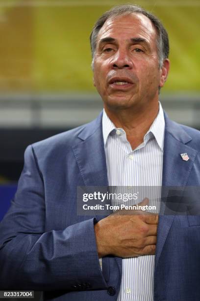 Head coach Bruce Arena of the United States prepares to take on Costa Rica during the 2017 CONCACAF Gold Cup Semifinal at AT&T Stadium on July 22,...